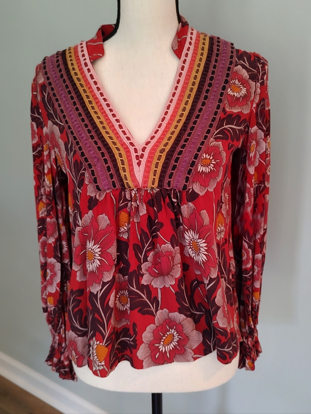 Bl^nk London X Anthropologie Stephanie Red Floral Embroidered V-Neck Top - Picture 2 of 11